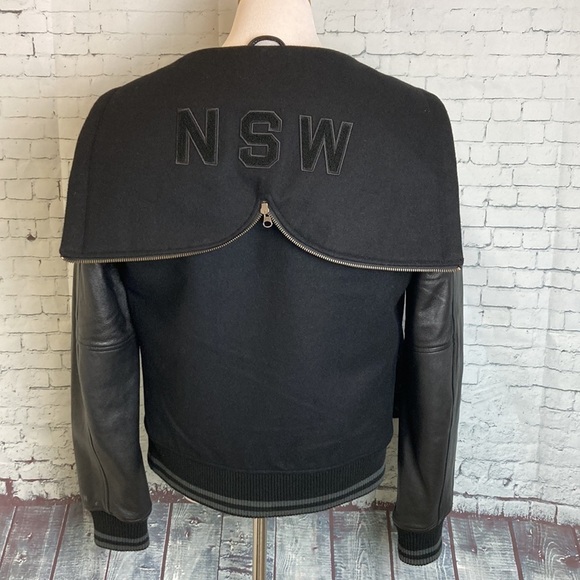 Nike NSW Black Leather Wool Hooded Destroyer Varsity Bomber Jacket Sz S Preppy - Picture 2 of 16